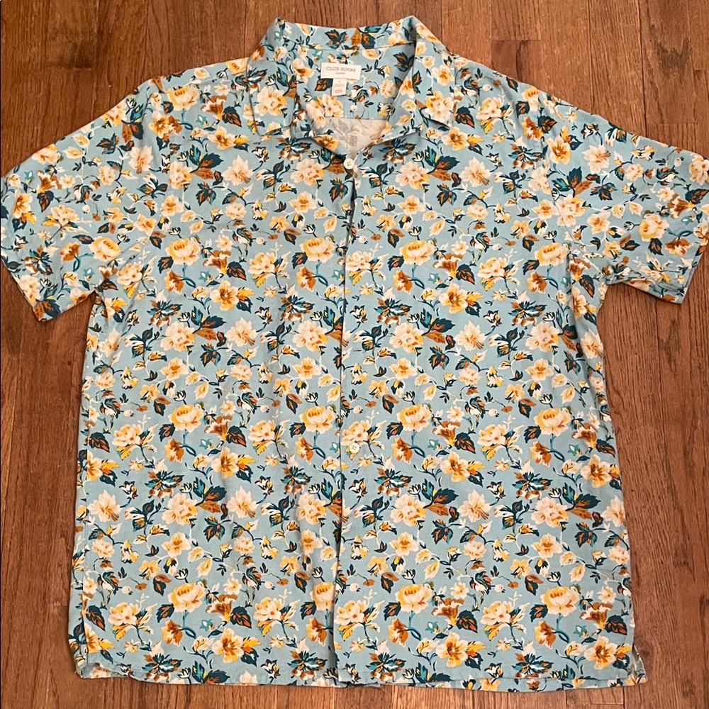 Club Room Blue Floral Short-Sleeve Silk blend Button-Up Shirt